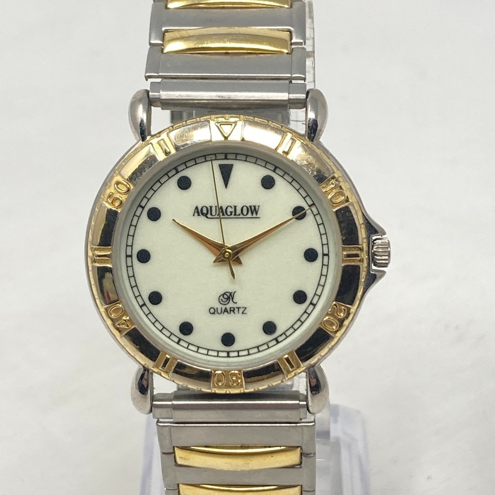 Vtg Aquaglow Mens Watch 33mm Silver Gold Tone Luminous Dial New Battery 7.25"